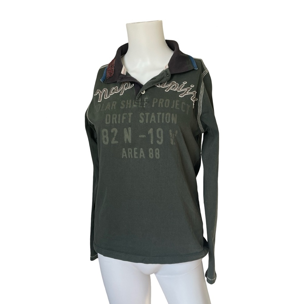 Napapijri Long Sleeve Polo Shirt Green Casual Cotton Patches